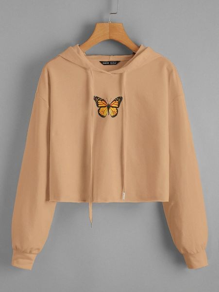 

drop shoulder drawstring detail butterfly print hoodie r90b#, White;black