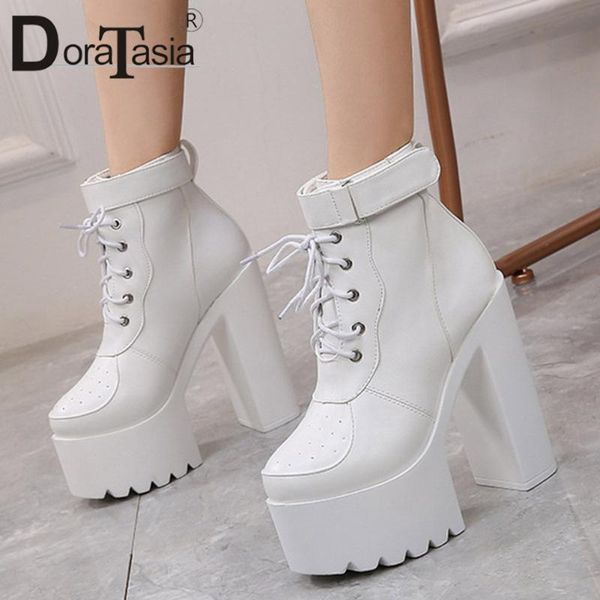 

doratasia brand lady сплошной блок каблук ботильоны brand design fashion boots женщин платформы hook loop зашнуровать обувь женщина, Black