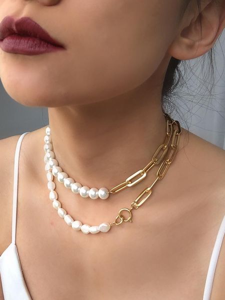 

chokers brass with gold natural baroque pearl necklace women jewelry designer t show runway sweety boho japan korean ins hiphop, Golden;silver
