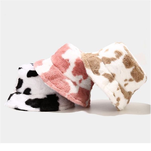 

winter cow print plush bucket hats for women soft velvet fisherman cap lady tourism outdoor warm hat fashion flat qyldav