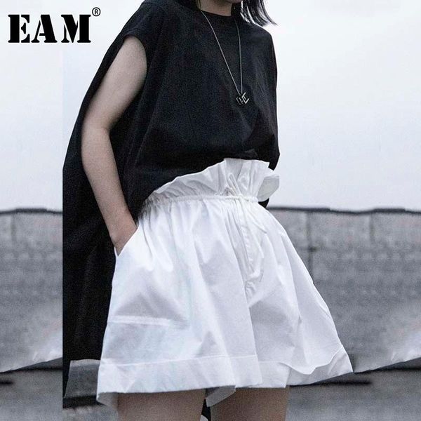 

eam] women pwhite drawstring ruffles split wide leg shorts new high waist loose fit trousers fashion tide spring summer 20201, White;black