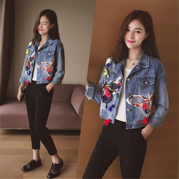 

2021 new mode women denim standard bomber jackets embroidered bf harajuku female jean jacket qwne, Black;brown