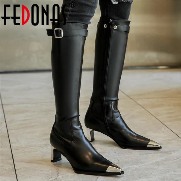 

boots fedonas knee high women autumn winter warm genuine leather party office shoes woman side zipper pointed toe, Black