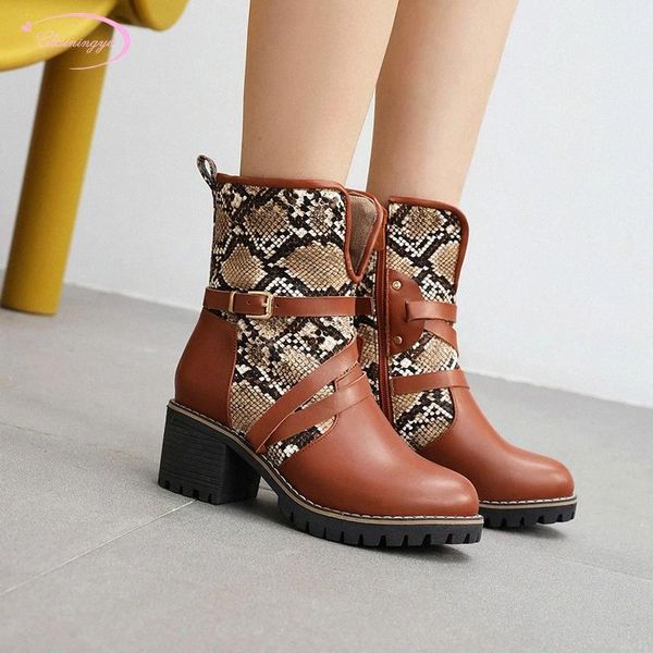 

street style round head motorcycle boots belt buckle zipper medium heel ankle boots women shoes #3x9p, Black
