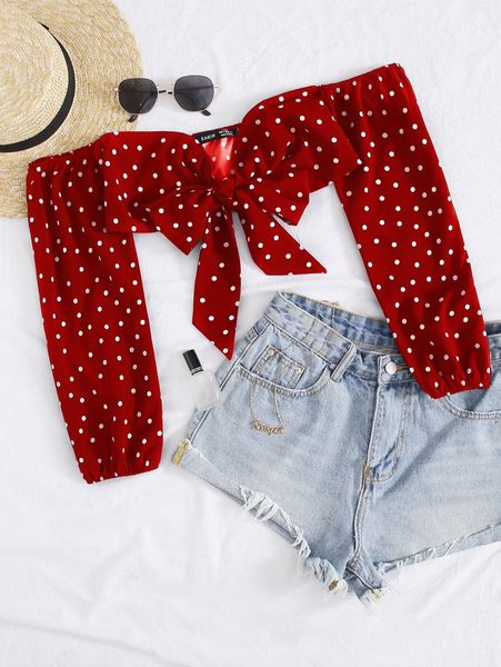 

tie front polka-dot print bardot l6ob#, White
