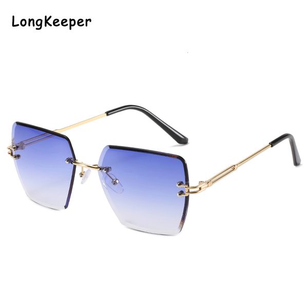 

oversized square polygon sunglasses for women 2020 new black friday big frame rimless sun glasses female chic goggle eyewear ins blue, White;black