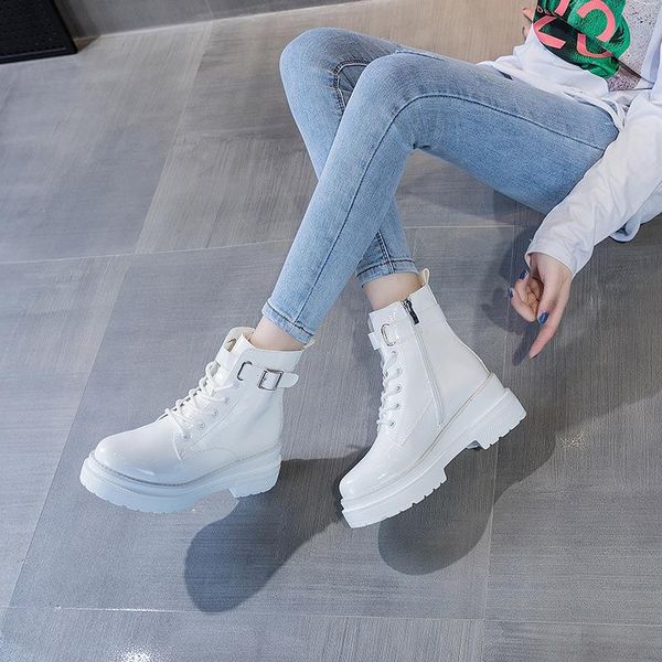 

fashion white motorcycle boots flat shoes woman high heel platform leather boots lace up women shoes ankle girls, Black