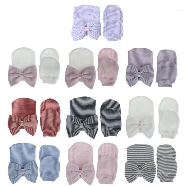 

hair accessories born baby hat & mitten set,boy girl infant stripe cap with large bow r9jd1, Slivery;white