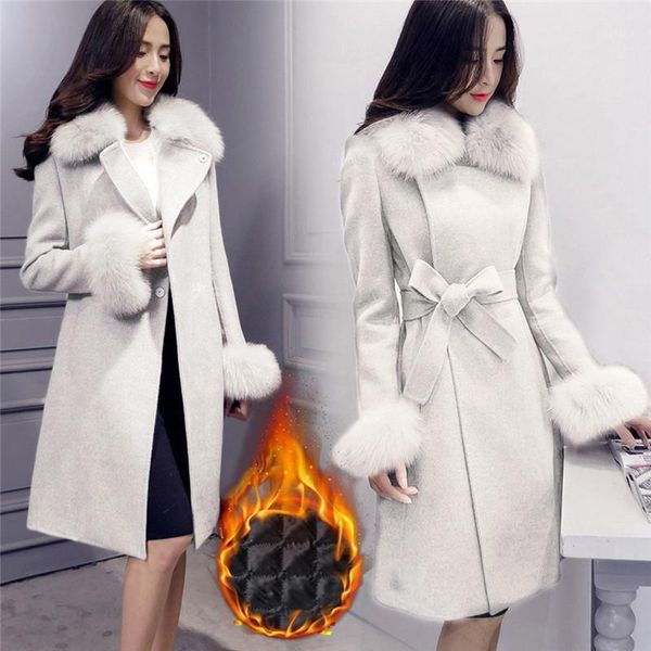 

coat female long winter 2020 lapel wool coat trench jacket long sleeve plush warm thick overcoat outwear a501, Black