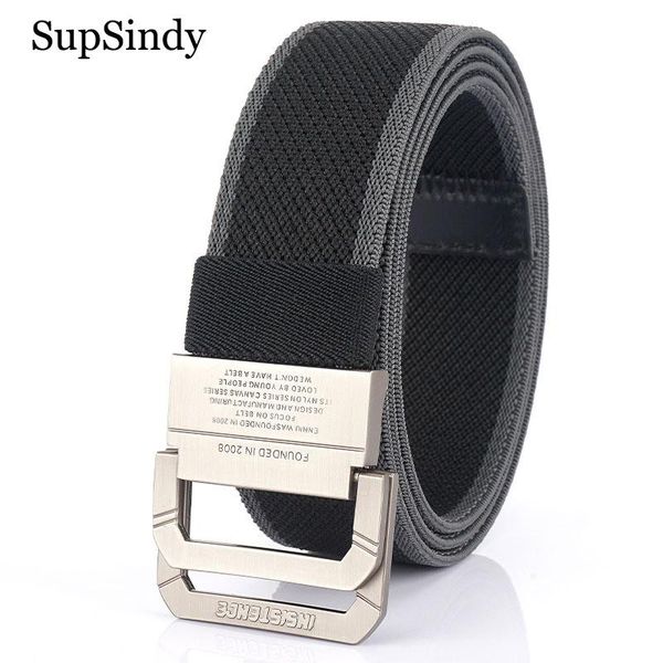 

supsindy men stretch nylon belt metal double ring buckle belts for women waistband fashion jeans belt elastic outdoor male strap, Black;brown