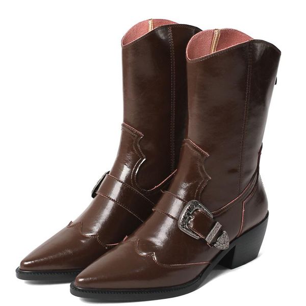 

elegant metal buckle women's boots retro poined toe thick heels pumps 2021 new autumn cow leather office pointed ankle boots, Black