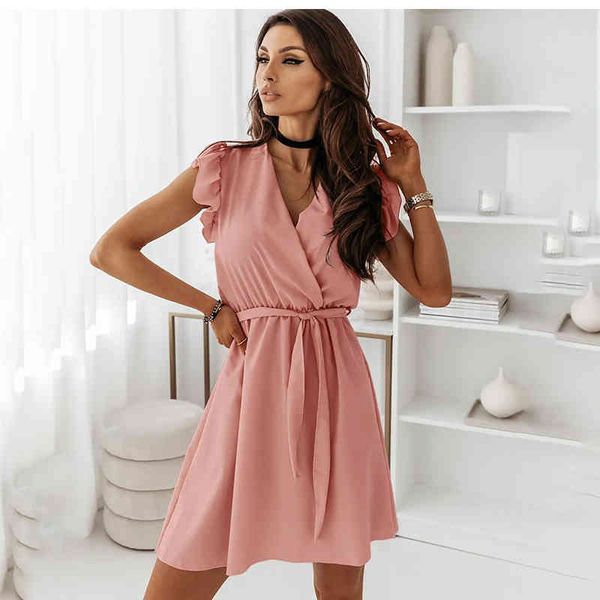 

women elegant solid color ruffle dress summer v-neck party mini dress office lady casual short sleeve a-line vestidos, Black;gray