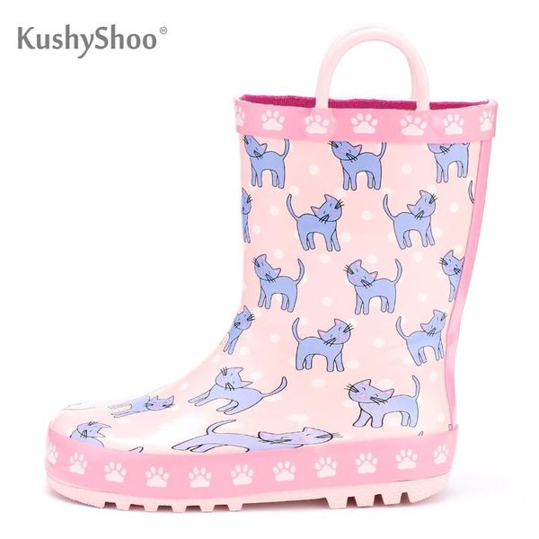 

kushyshoo wellies for children waterproof rubber lovely cat printed rainboots with handles non-slip water shoes rain boots kids, Black;grey