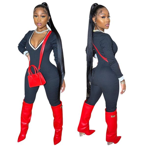 

2021 new arrival womens designer jumpsuits v neck long sleeve long pants womens jumpsuits casual females solid color clothing, Black;white