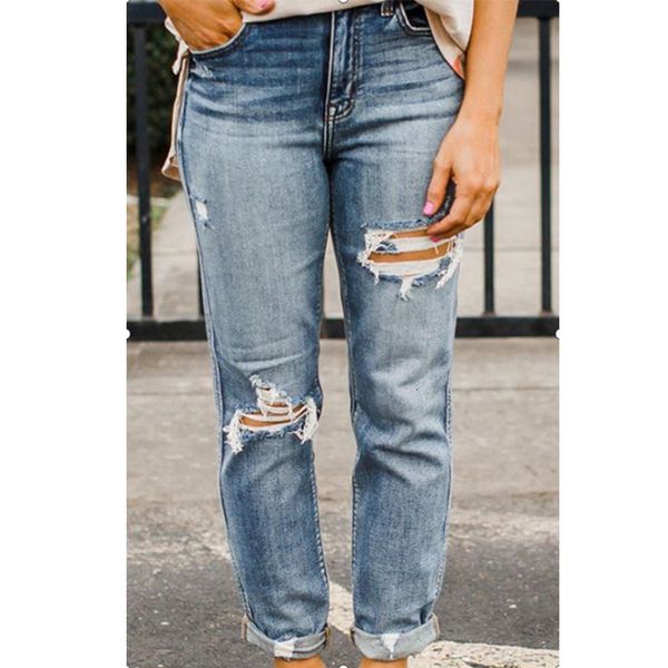 

selling with holes showing thin jeans women's trousers, Blue