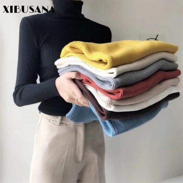 

xibusana autumn winter new casual turtleneck solid sweater female long sleeve knitted pullover for women slim knitted 201223, White;black