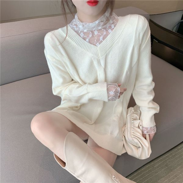 

new loose v-neck twist sweater + crocheted lace bottoming shirt for women's fashion suit in autumn and winter 2020
