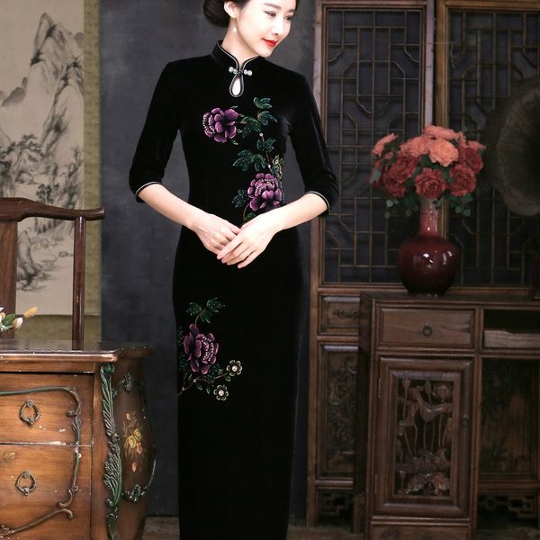 

new velvet h painted elegantslimcasual straight new velvet cheongsam dress dress cheongsam beads hand painted beads elegantslimcasual and st, Black;gray