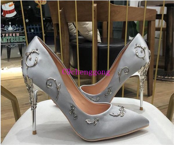 

grain show bridal wedding shoes satin silk high heels filigree leaves embellished eden pumps pointed toe metal heels party dress stilettos, Black