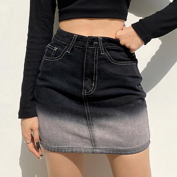 

women's high-waist slim-fit denim skirt gradient color buttocks skirt high waist mini falda plisada mujer e1, Black