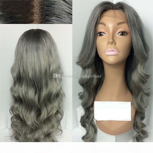

ombre color wig 1b grey full lace human hair wig with dark black roots 100% brazilian remy hair wig, Black;brown