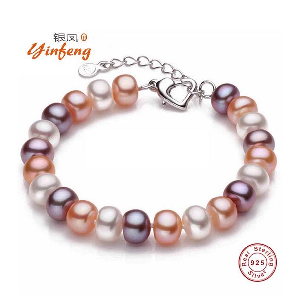 

meibapj]8-9mm natural freshwater pearl bracelet for women 925 sterling silver heart clasp fashion charm bracelet, Black