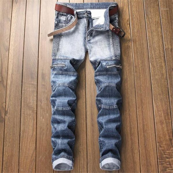 

brand new men's biker denim trousers blue jeans men's trousers distressed jeans ripped for men hip hop streetwear1