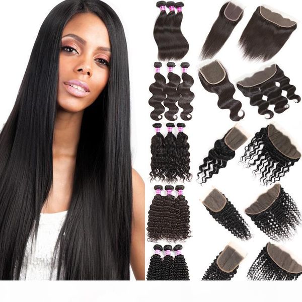

straight brazilian human virgin hair extensions 100% unprocessed body water deep wave bundles with frontal closure kinky curly hair product, Black;brown