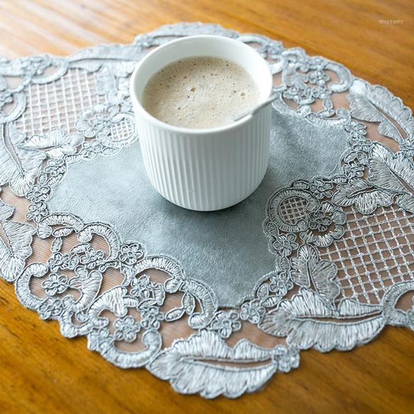 

mats & pads luxury european velvet lace embroidery gray placemat western coffee cup table mat party banquet decoration fruit oval1