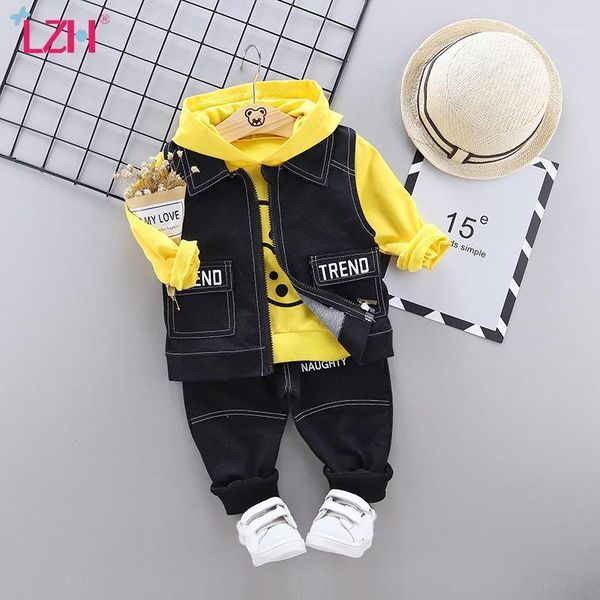 

clothing sets lzh 2021 autumn fashion cartoon bear suits denim vest+hooded sweater+ trousers 3pcs boys baby girls kids clothes1, White