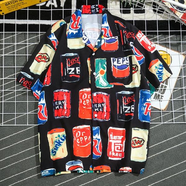 

men turn down collar printing beach hawaiian shirts summer short sleeve casual tee shirt fashion harajuku streetwear shirt, White;black