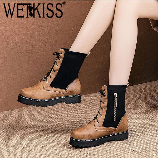 

boots wetkiss round toe thick platform women ankle cross tied zip bootie metal decor non slip female shoes casual fashion boots1, Black