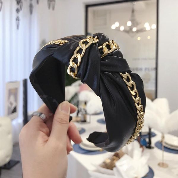 

bohemian knotted headband fashion gold chain wide side headband soft pu leather women solid color hairband bezel hair accessory q bbybjx