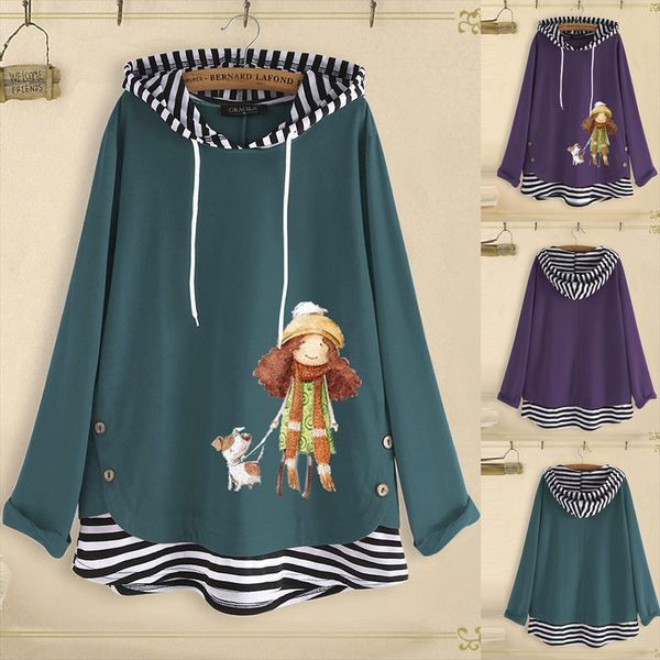 

plus size women long sleeve cotton linen o neck print blouse hoodies woman kawaii sweatshirts women clothes, Black