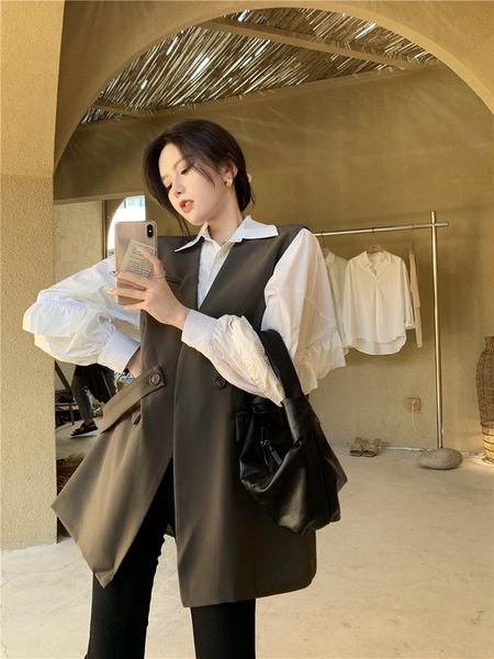 

two piece set of vest shirtshirt shirt2020 autumn new women's fashion irregular ruffled shirt loose v-neck sleeveless suit vest zijja, Gray