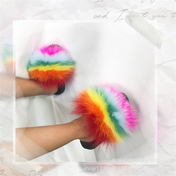 

real fox slippers kids winter fur home slides girl flop flips raccoon fluffy cute flats beach summer children boys shoes t200411, Black
