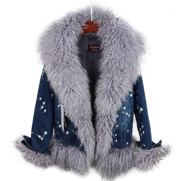 

2020 natural wool lined with luxurious wool fur collar denim coat winter casual warm fashion short fur jacket1, Black