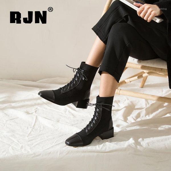 

boots rjn elegant ladies cow leather knitting comfortable square toe med heel shoes lace-up decoration women' s ankle ro411, Black