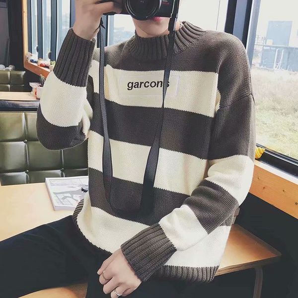 

sweaters men striped leisure simple all-match japanese style daily trendy turtleneck soft warm retro mens pullover chic kg-214, Black