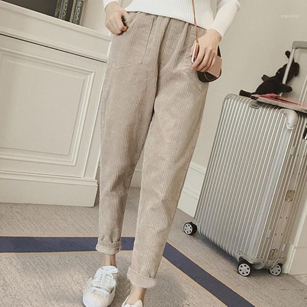 

women corduroy harem pants solid high wait loose casual ankle-length pants autumn new elastic waist korean version pants#351, Black;white