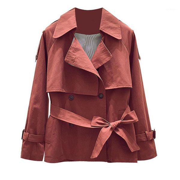 

new 2020 autumn winter adjustable waist sashes trench coat women loose fit short outerwear1, Tan;black