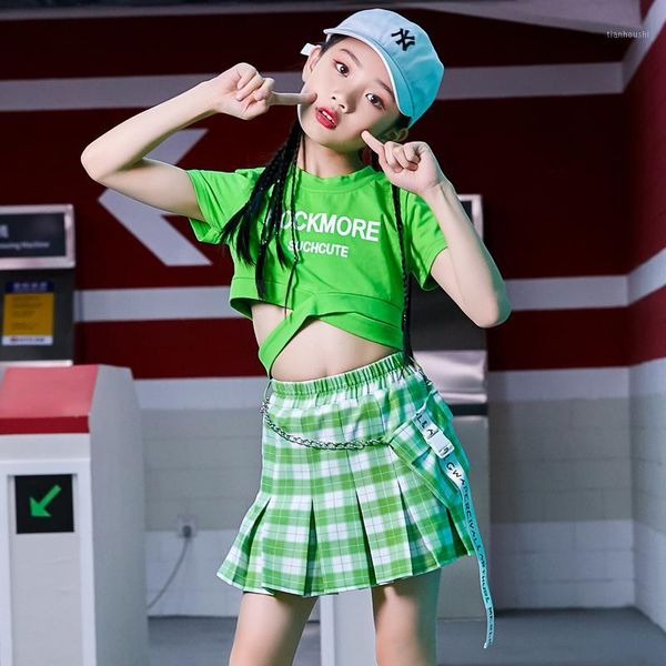 

girls hip hop costumes fresh green shirt plaid skirt street dance clothing children jazz outfit stage performance wear dnv134031, Black;red