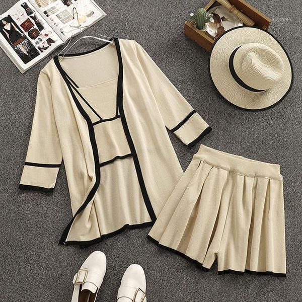 

amolapha women knitted vest tank +cardigan+elastic waist shorts 3 pieces sets knitting short pants suits1, White