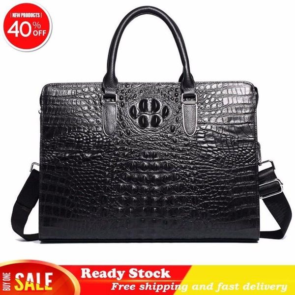 

luxury crocodile pattern mens handbags genuine leather men business briefcase cowhide 14" lapbag shoulder messenger bag best