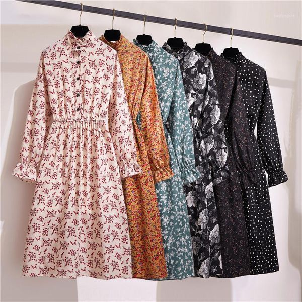 

women dress 2020 spring summer new fashion elastic waist long sleeve vintage floral print a-line chiffon dresses casual vestidos1, Black;gray