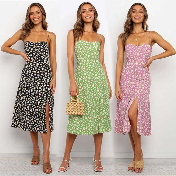 

summer 2020 new style women's mid length printed suspender dress, Black;gray