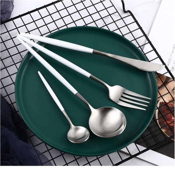 

white silver stainless steel cutlery set knife spoon fork kitchen tableware steak cutlery home dinnerware upscale dinner bbygwc