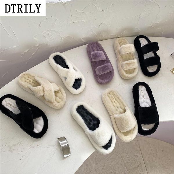 

autumn winter fur slippers women casual flats shoes furry slides narrow band platform sandals zapatos de mujer black beige