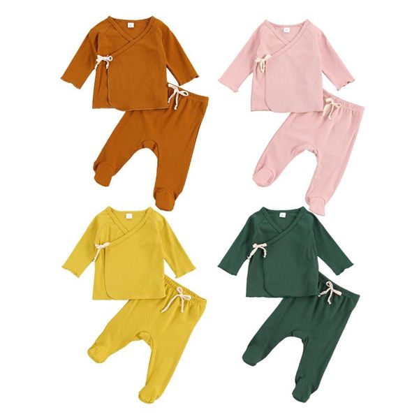 

0-6m newborn baby boy girl solid color long sleeve cotton t-shirt footies pant trouser 2pcs baby clothing set, White