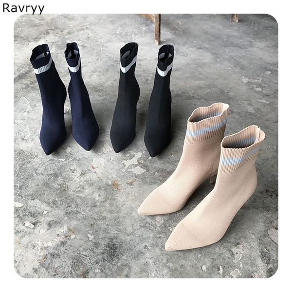 

boots elastic knitting wool woman ankle black female short boot white stripe pointed toe slip-on thin heel autumn winter outfit